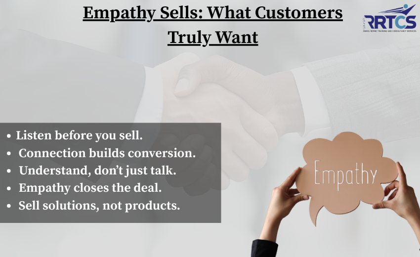 Visual highlights of empathetic selling: icons of listening, conversation, and trust, with text stating that customers want connection, understanding, and real solutions — not sales scripts.