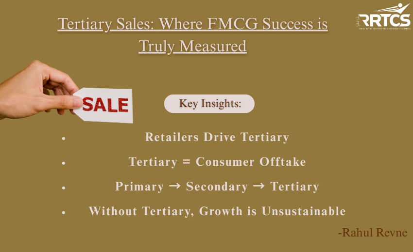FMCG sales flow showing primary sales from manufacturer to distributor, secondary sales from distributor to retailer, and tertiary sales from retailer to consumer, highlighting the importance of retailers in driving consumer offtake